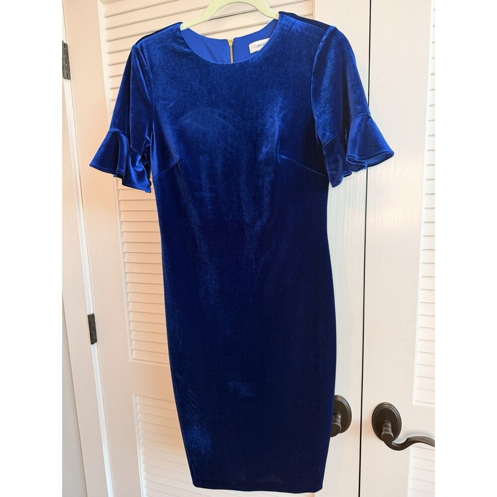 Calvin Klein Blue Velvet Sheath Dress Size 6 Ruffle Sleeve Holiday Cocktail